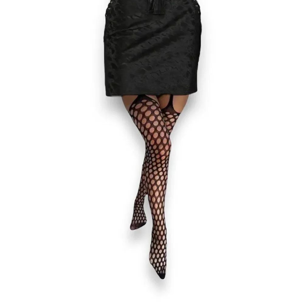 High Waist Black Polkadots Cut Out Thigh High Suspender Tights NEW